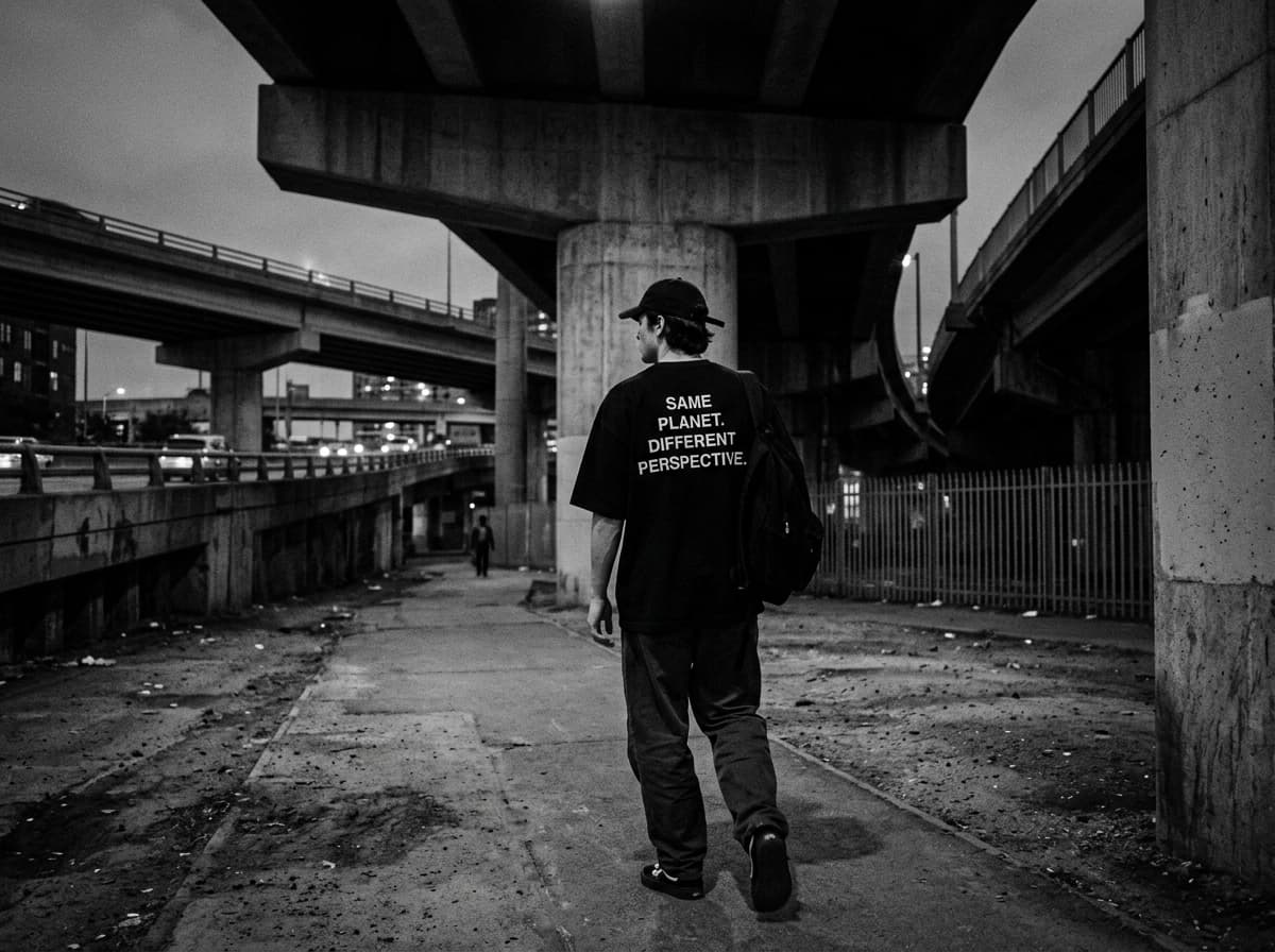 Streetwear model under brutalist bridge with Same Planet Different Perspective backprint