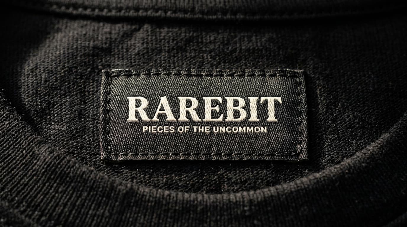Rarebit woven damask label tag on heavyweight combed cotton