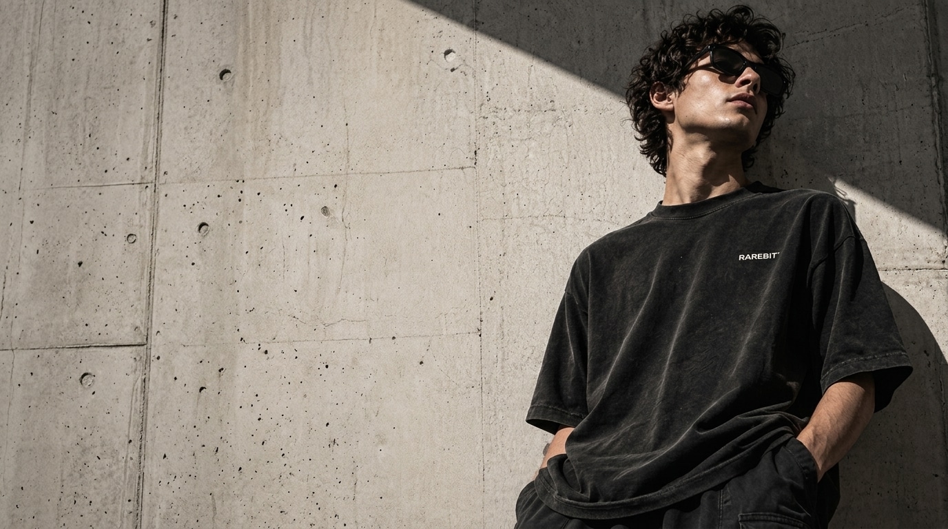 Rarebit heavyweight tee, worn against raw concrete in hard afternoon light